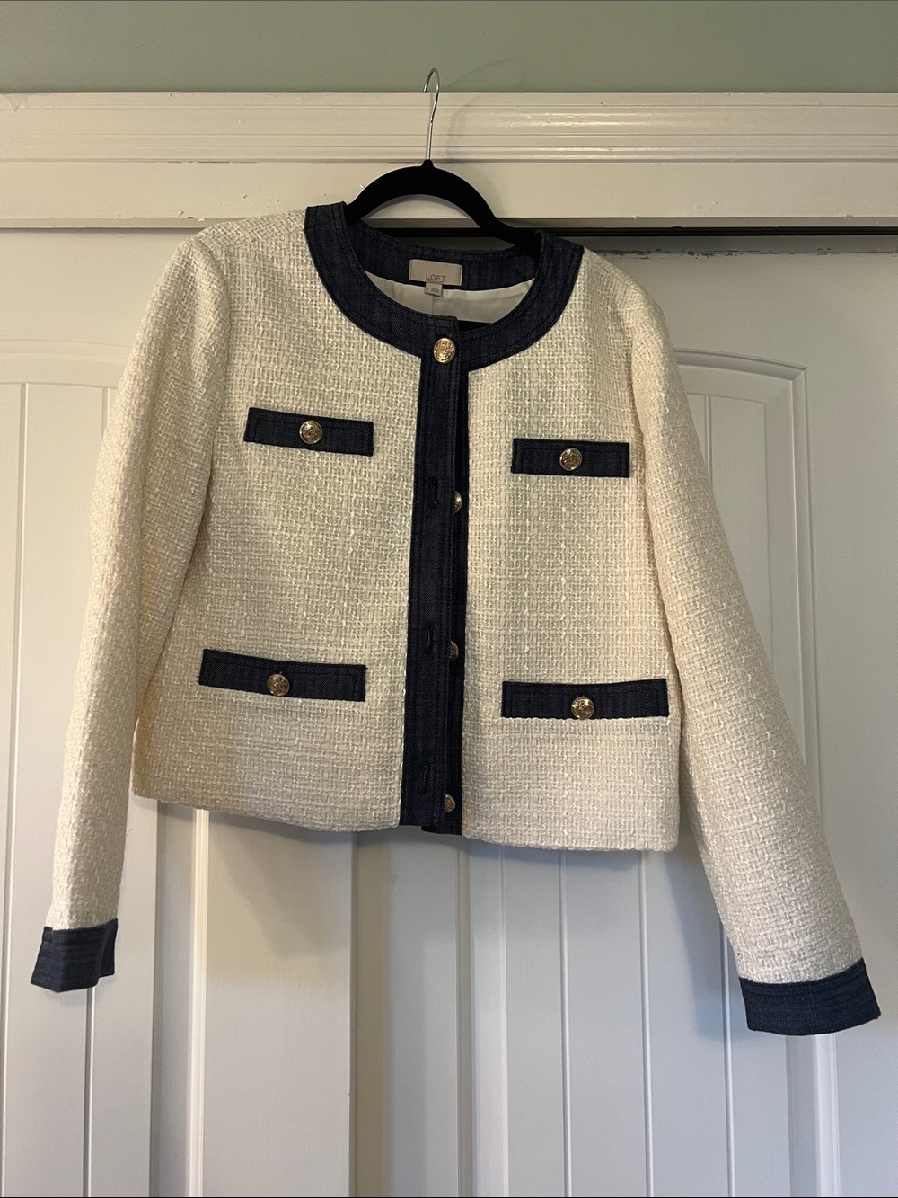 LOFT White Tweed Jacket with Denim Trim and Gold Buttons